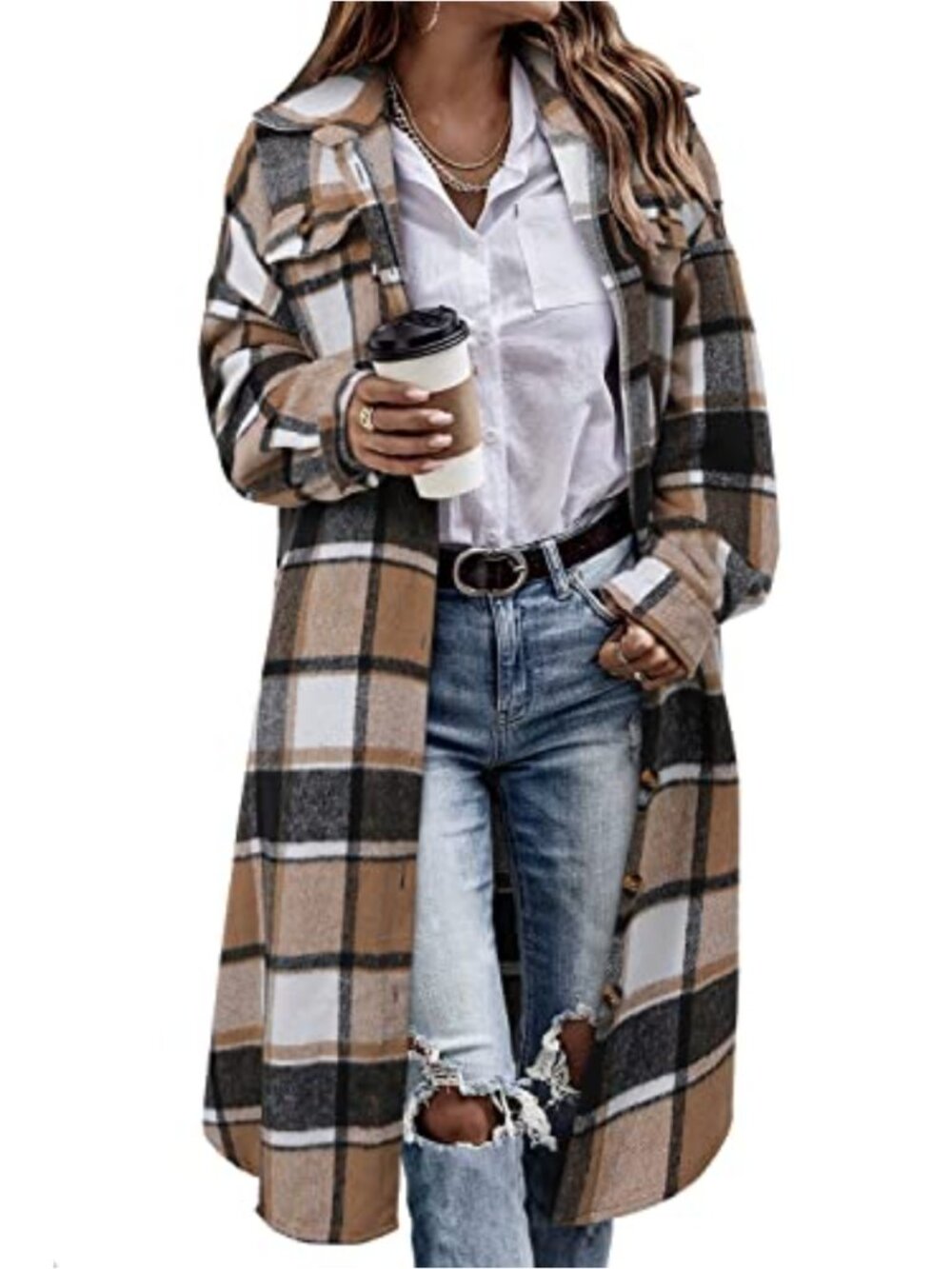 Plaid Long Shacket Flannel Jacket Casual Lapel Button Down Tartan Coat